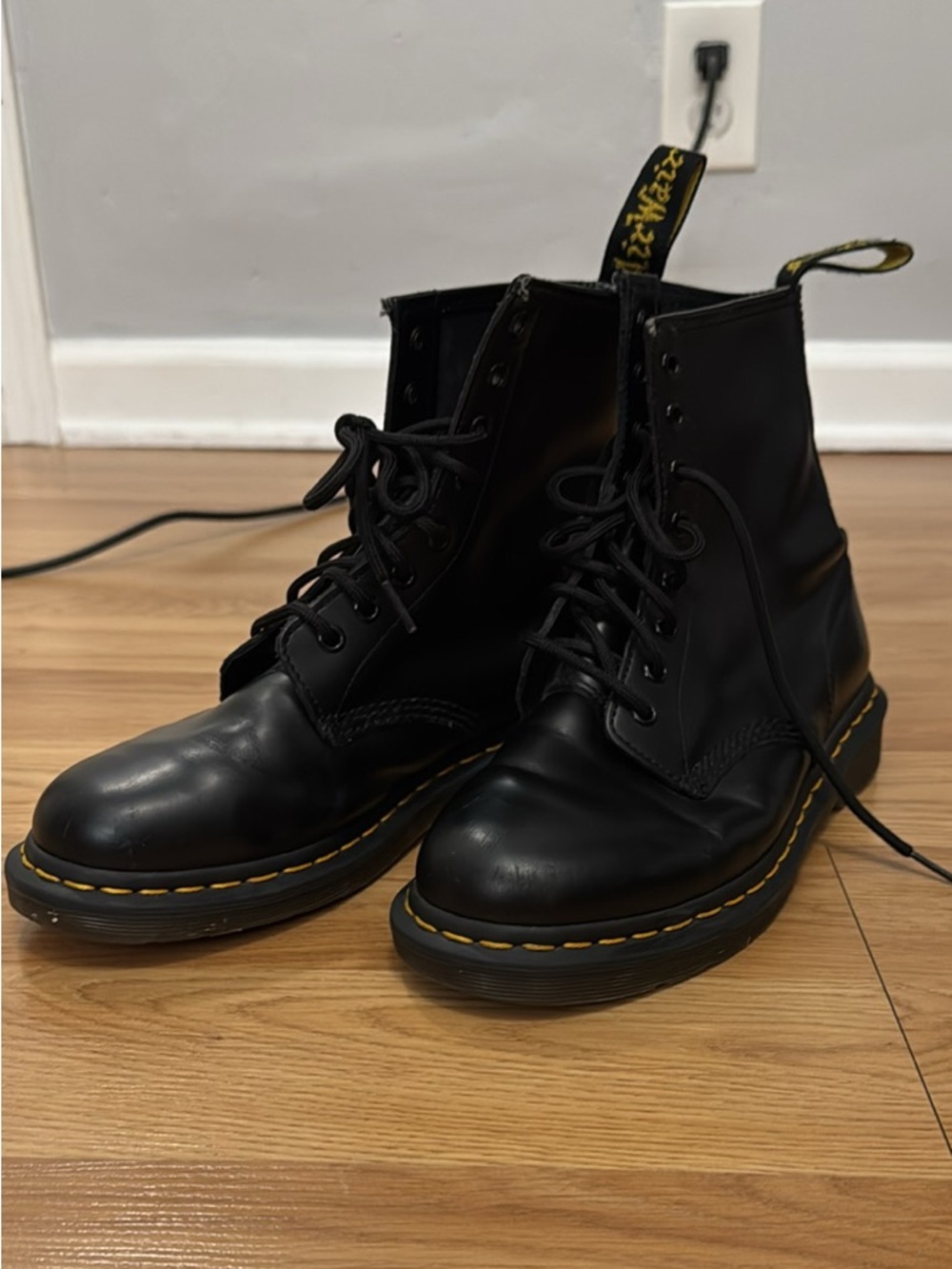 Dr. Martens Black Leather 8-Eye Lace-Up Boots with Yellow Stitching